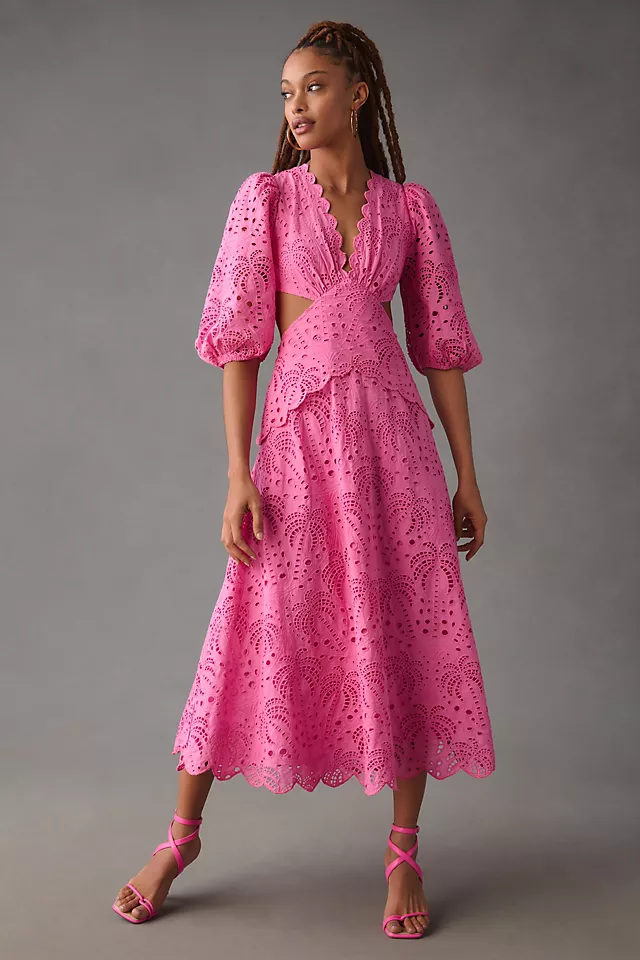 Farm Rio Scalloped Palm Eyelet Cutout Dress PINK
