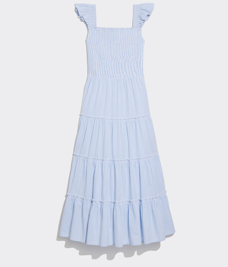 Kentucky Derby Flutter Sleeve Smocked Seersucker Midi Dress